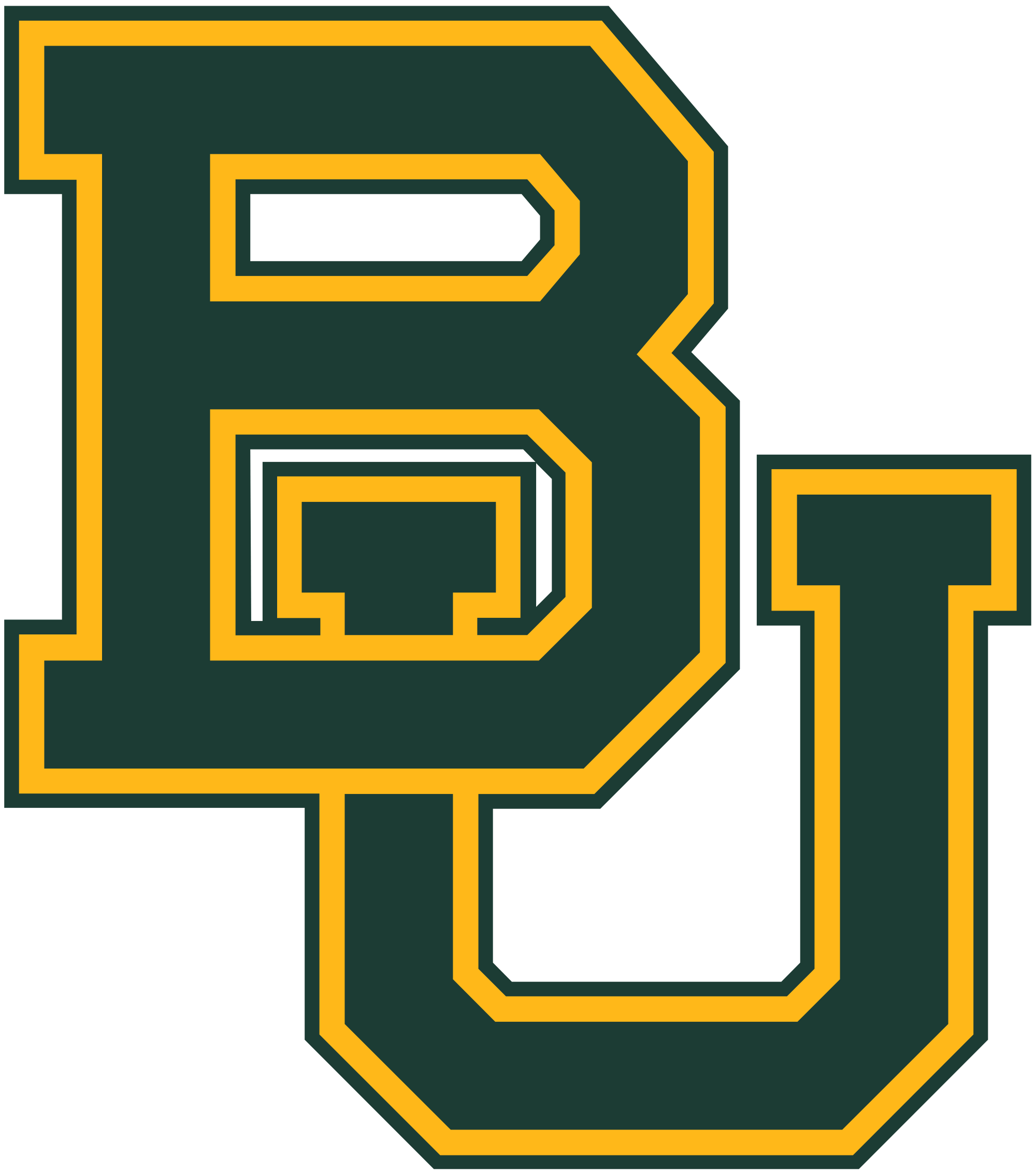Baylor University logo featuring a dark green interlocking “BU” monogram outlined in gold on a transparent background
