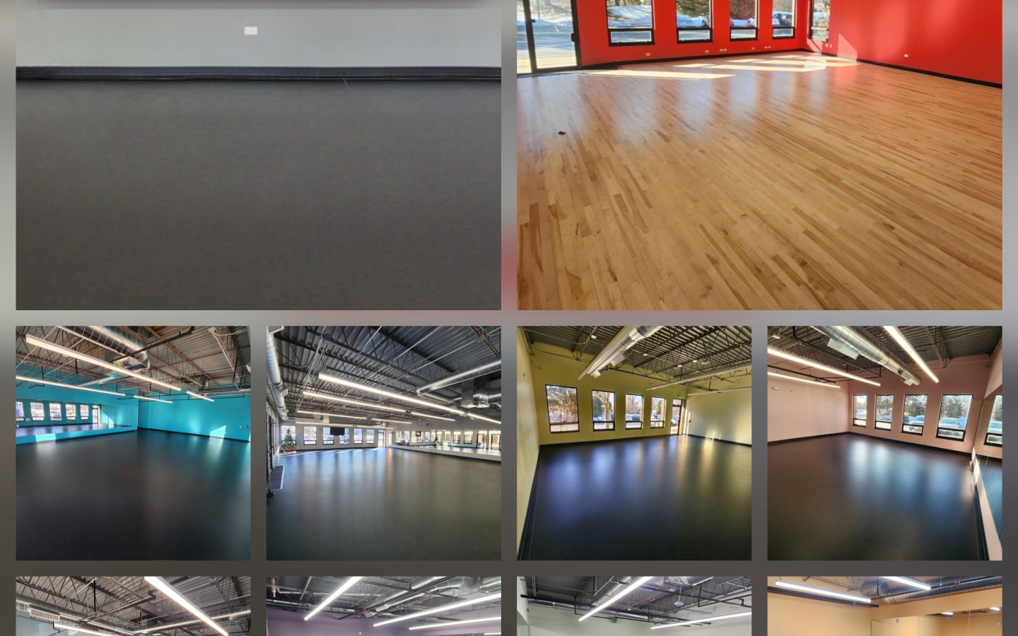 Collage of Expression Dance Studio in Westmont, Illinois, showing multiple dance studios with marley vinyl and hardwood flooring installed over sprung subfloor systems.