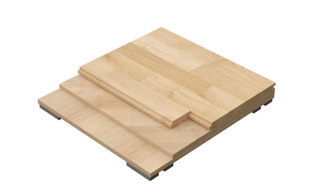 Connor Sports Duracushion I hardwood sports flooring system featuring a maple basketball court with Duracushion PVC resilient pads, double plywood subfloor sheathing, and economical athletic flooring performance.