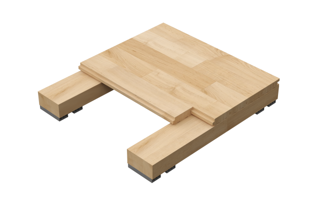 Connor Sports Duracushion II hardwood sports flooring system cutaway showing maple flooring, softwood sleepers, Duracushion PVC resilient pads, and floating subfloor construction on a black background.