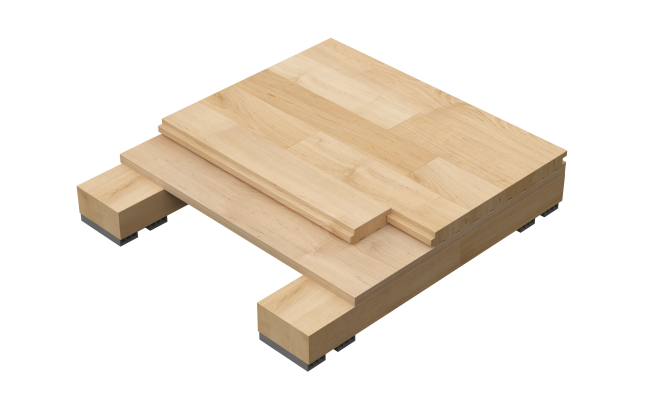 Connor Sports Duracushion III hardwood sports flooring system featuring a maple basketball court with Duracushion PVC resilient pads, softwood sleeper construction, plywood subfloor sheathing, and economical floating floor performance.