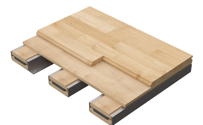 Connor Sports PermaFlex hardwood sports flooring system showing a maple basketball court with resilient subfloor construction, steel-encased sleeper support, Rezill pads, and premium athletic flooring performance.