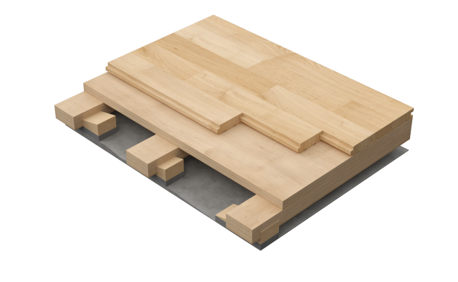 Connor Sports RetroFlex hardwood sports flooring system featuring a maple gymnasium court with Quick-Level Blocks, LVL plywood sleepers, Rezill pads, and retrofit subfloor construction for uneven concrete substrates.
